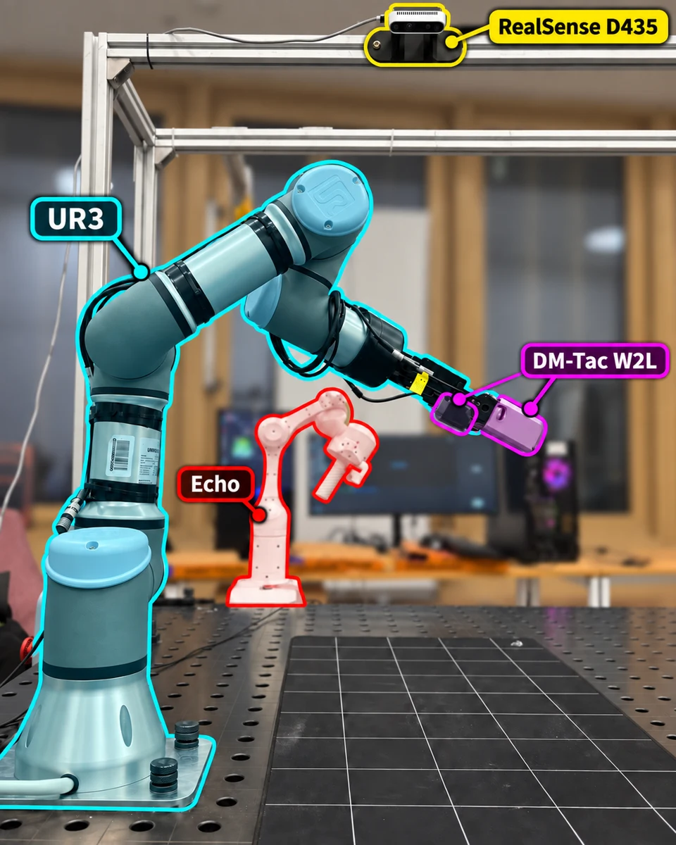 UR3 robot with a Robotiq 2F-85 gripper, paired DM-Tac W2L tactile fingertips, RealSense camera, and Echo teleoperation setup